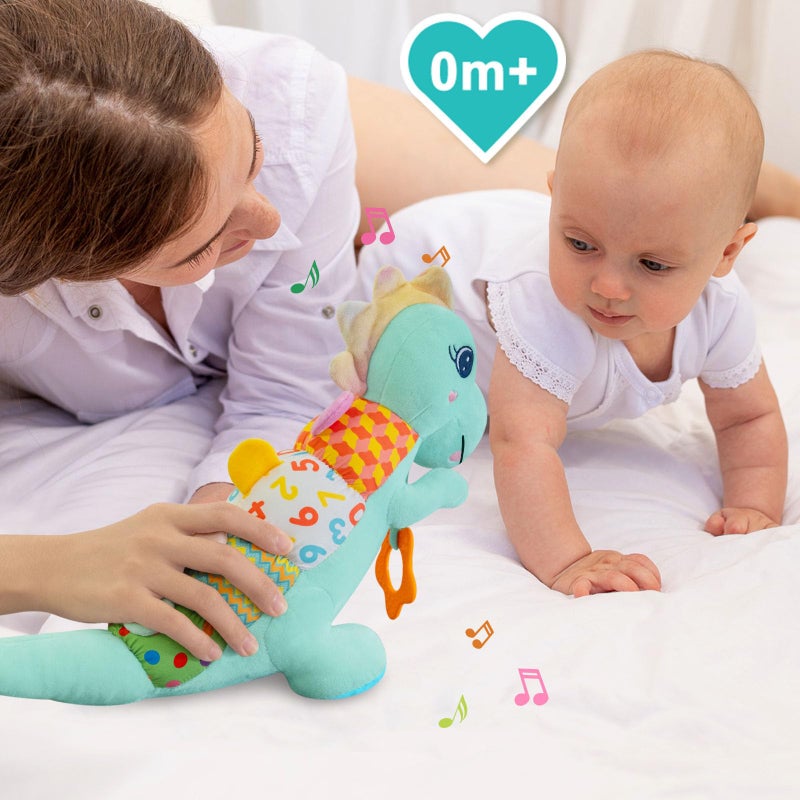 Holaxander Baby Dino Plush Soft Stuffed Animal Toy for 0-3-6-12+ Months,Infant Musical Toy with Rattle,Squeaker,Sensory Crinkle,Teether & Textures,Tummy Time Toys Christmas Baby Gift for Newborn Girl Boy (Blue) - Image 5