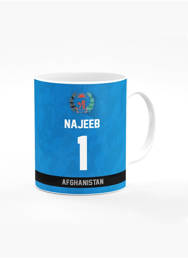 Stylizedd Designer Printed Coffee Mug with Heavy Duty Handle 11oz Ceramic Personalised Gift Mugs Cup - Cricket Player - Najibullah Zadran, Jersey Number - 1 (With Logo)  - Image 1