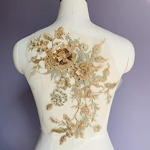3D Embroidered Patches Nail Bead Tulle Applique Flower Patch for Clothing Wedding Dress Lace C Fabric DIY Decoration Golden Color