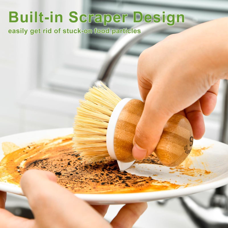 SUBEKYU Bamboo Dish Brush, Kitchen Dish Scrubber Brush, Natural Wooden Dishwashing Brush for Cleaning Dishes/Pans/Pots, Built-in Scraper, Sisal Bristles,1 Set - Image 3