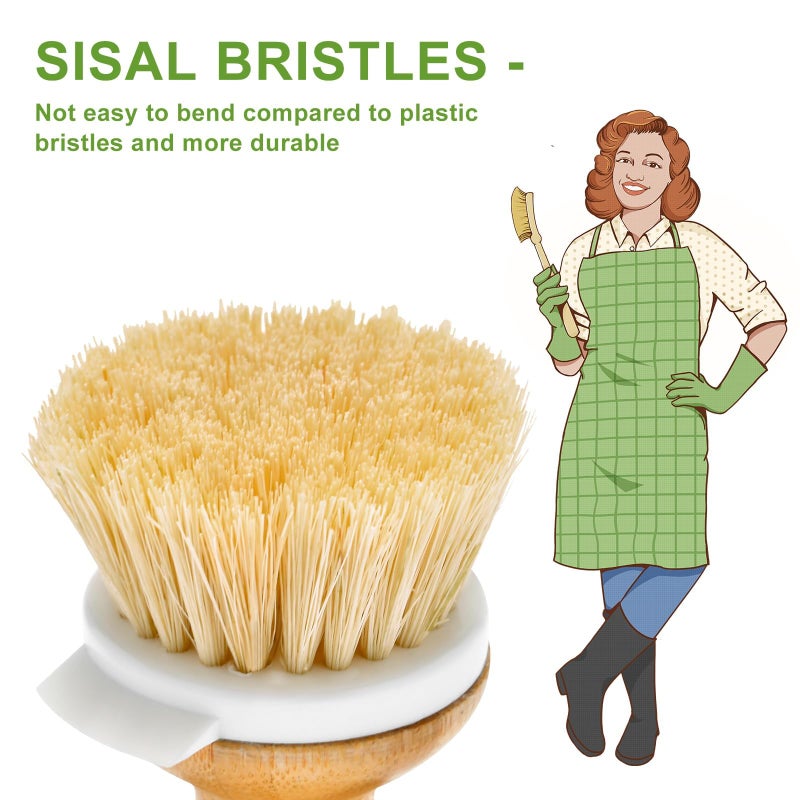 SUBEKYU Bamboo Dish Brush, Kitchen Dish Scrubber Brush, Natural Wooden Dishwashing Brush for Cleaning Dishes/Pans/Pots, Built-in Scraper, Sisal Bristles,1 Set - Image 2