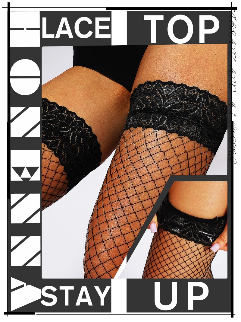 HONENNA Fishnet Thigh High Stockings, 20+ Colors Silicone Lace Top Stay Up Nylons Tights for Woman, 1 Pair Black, C-D - Image 3