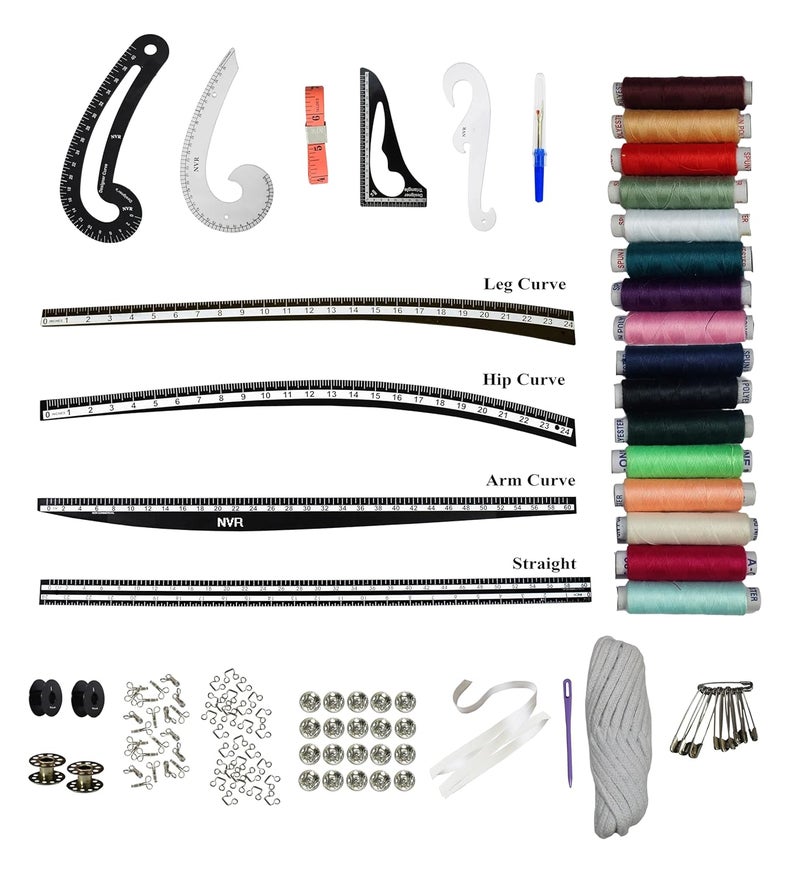 NVR Complete 30Piece Sewing and Tailoring Kit with Measuring Curves BLK Armhole Armhole French Curve Leg Curve Hip Curve Arm Curve Straight Scale Triangle Tape Threads 12 Reels Seam Ripper Bobbins Hooks Hook Eyes Tuck Buttons Elastic Nada Suva and Safety Pins