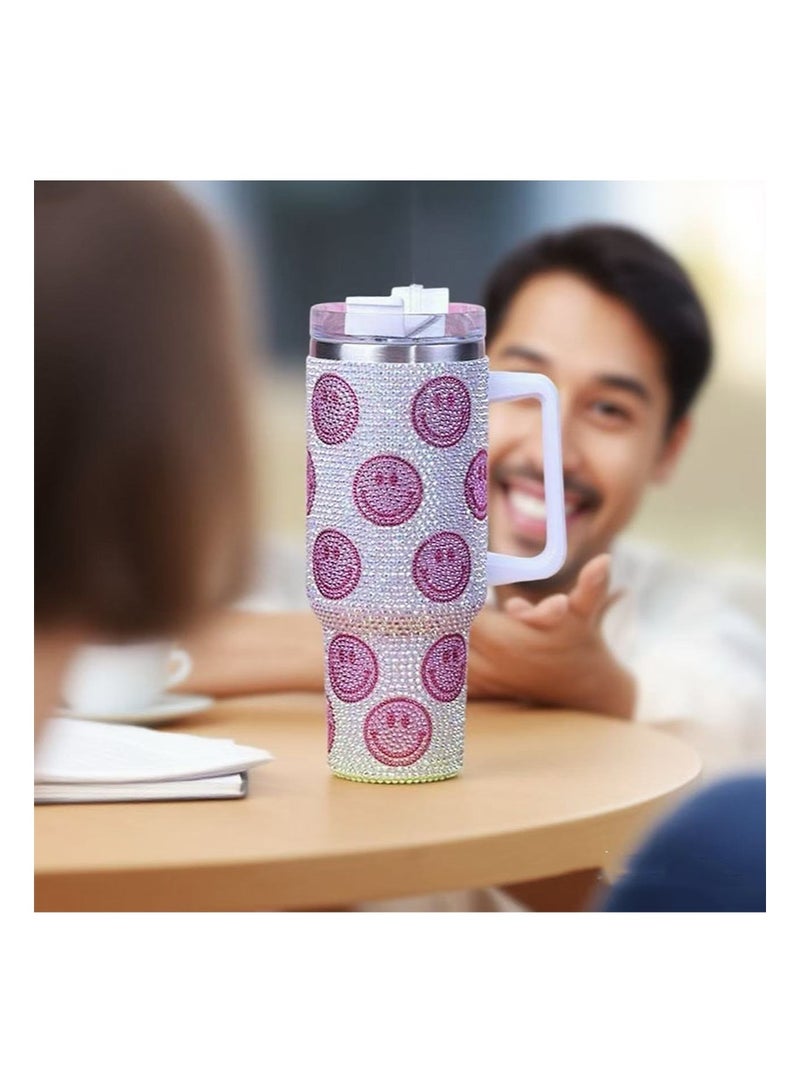 إزدنك كوب حراري لامع مرصع بأحجار الراين، سعة 1200 مل، بمقبض وغطاء من القش، مرصع بأحجار الراين، زجاجة مياه مزدوجة الجدار من الفولاذ المقاوم للصدأ معزولة بالفراغ، كوب سفر، هدية للنساء والسيدات (وجه مبتسم وردي) - Image 4