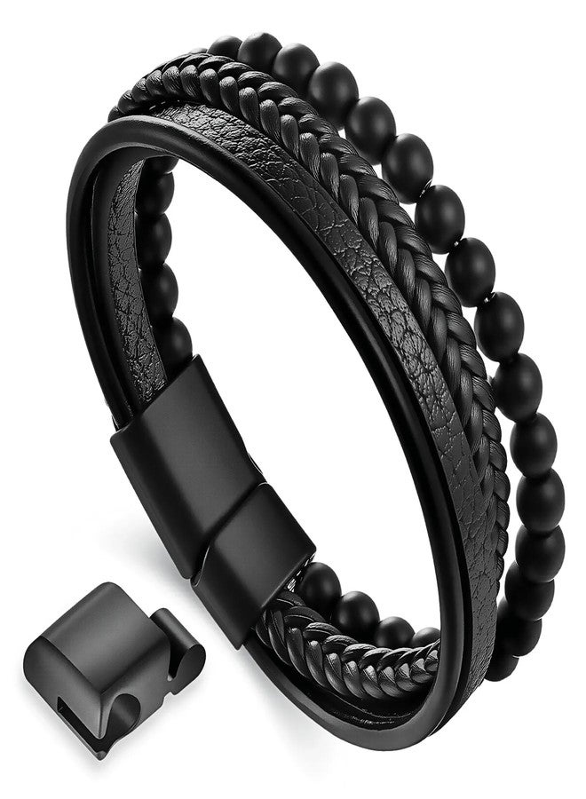 AFIKJHONS Leather Beaded Bracelet for Men Mens leather Bracelet Obsidian Tiger eye Bracelet pulseras para hombres Men's Spiritual Gift (Three-section buckle large size) - Image 3