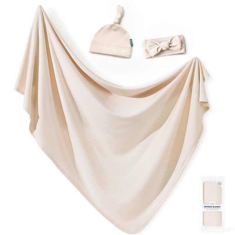 GRSSDER Newborn Swaddle Blanket, Ultra Soft Jersey Receiving Blanket with Matching Headband and Beanie Set 33Ã—44", Stretchy Baby Neutral Swaddle Wrap for Girls and Boys - Image 1