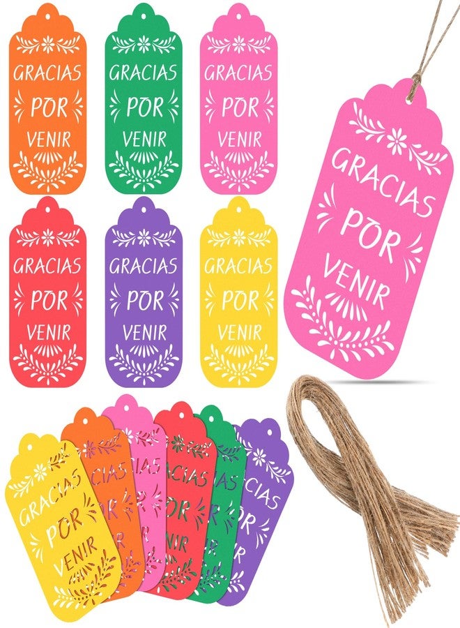 Fuyoooo 60 Pcs Cinco De Mayo Papel Picado Gift Tags Fiesta Mexican Party Favors Colorful Thank You Tags with String for Mexican Candy Bags, Baby Shower Party Decoration(Multicolor,Gracias Por Venir - Image 1
