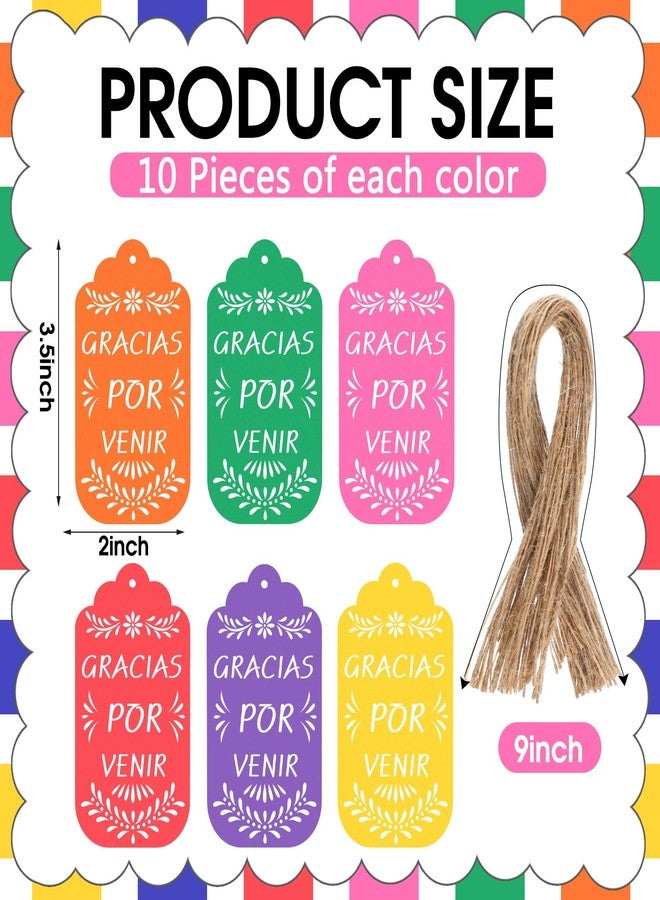 Fuyoooo 60 Pcs Cinco De Mayo Papel Picado Gift Tags Fiesta Mexican Party Favors Colorful Thank You Tags with String for Mexican Candy Bags, Baby Shower Party Decoration(Multicolor,Gracias Por Venir - Image 2