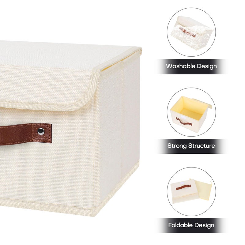ANMINY Storage Bin with Lid Storage Boxes with PU Leather Handles PP Plastic Board Decorative Foldable Lidded Cotton Linen Fabric Home Cubes Baskets Closet Organizer Container - Beige, Small Size - Image 4
