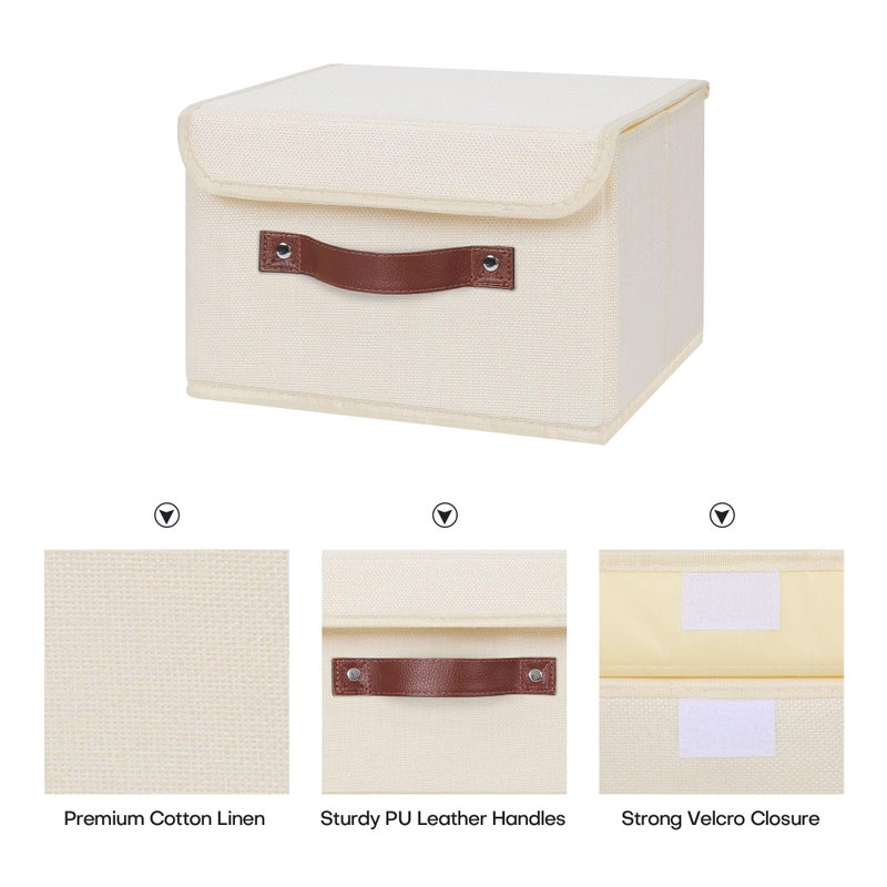 ANMINY Storage Bin with Lid Storage Boxes with PU Leather Handles PP Plastic Board Decorative Foldable Lidded Cotton Linen Fabric Home Cubes Baskets Closet Organizer Container - Beige, Small Size - Image 3