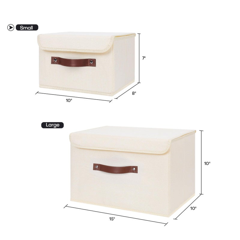 ANMINY Storage Bin with Lid Storage Boxes with PU Leather Handles PP Plastic Board Decorative Foldable Lidded Cotton Linen Fabric Home Cubes Baskets Closet Organizer Container - Beige, Small Size - Image 5