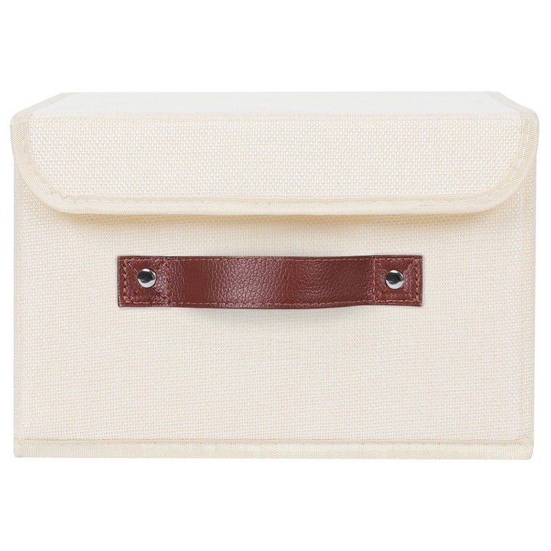 ANMINY Storage Bin with Lid Storage Boxes with PU Leather Handles PP Plastic Board Decorative Foldable Lidded Cotton Linen Fabric Home Cubes Baskets Closet Organizer Container - Beige, Small Size - Image 2