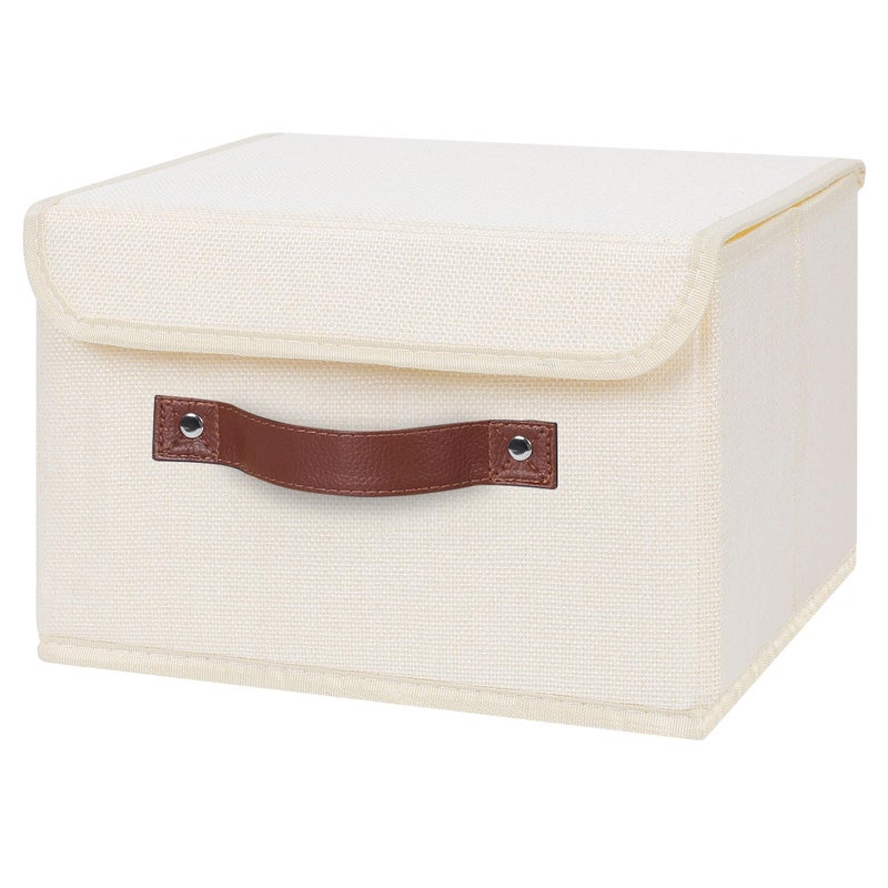 ANMINY Storage Bin with Lid Storage Boxes with PU Leather Handles PP Plastic Board Decorative Foldable Lidded Cotton Linen Fabric Home Cubes Baskets Closet Organizer Container - Beige, Small Size - Image 1