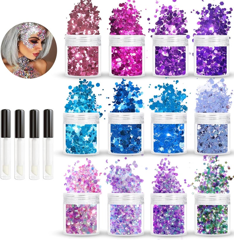 Allstarry Holographic Chunky Body Glitter 4 Colors Cosmetic Face Glitter Makeup Colorful Mermaid Sequins Hair Face Paint Sparkling Festival Outfits Rave Accessories for Women Makeup