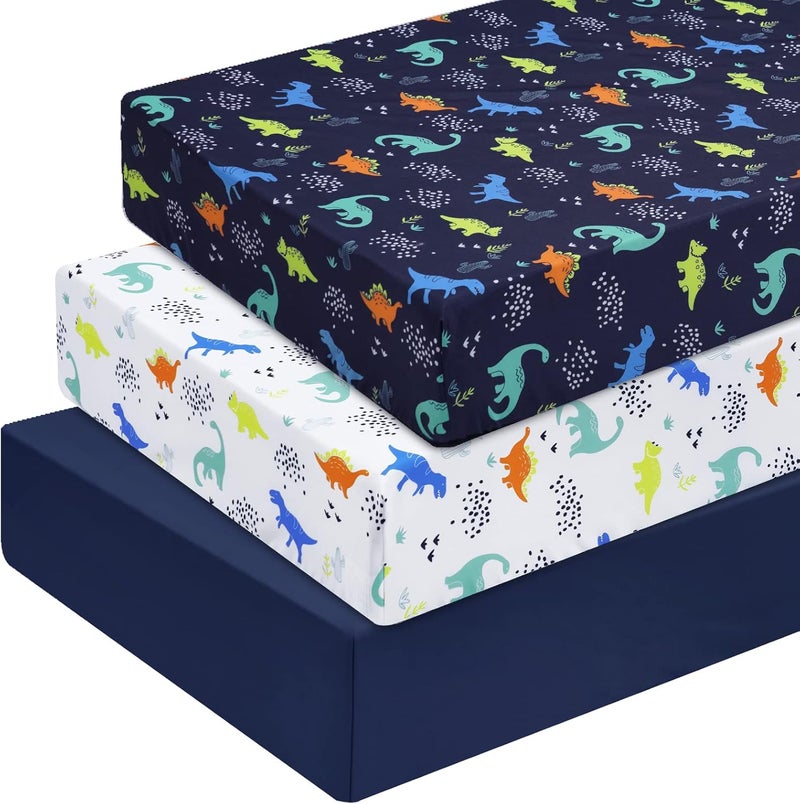 PHF 3 Pack Soft Dinosaur Crib Sheets Fitted Comfy Breathable Baby Sheets for Boys Girls 28x52 Inches Fits Standard Crib and Toddler Mattresses Navy Dinosaur - Image 1