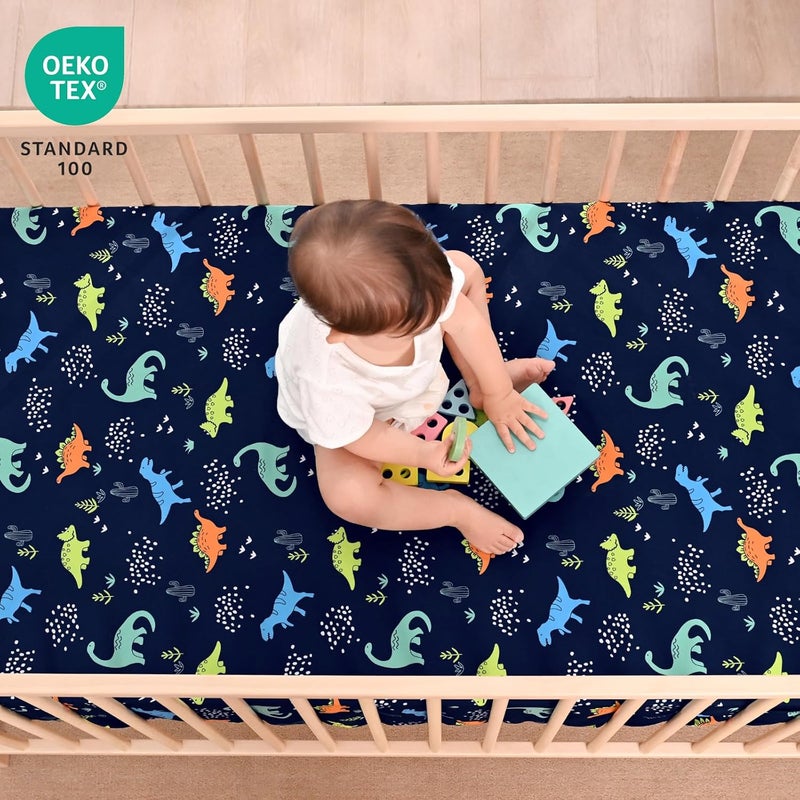 PHF 3 Pack Soft Dinosaur Crib Sheets Fitted Comfy Breathable Baby Sheets for Boys Girls 28x52 Inches Fits Standard Crib and Toddler Mattresses Navy Dinosaur - Image 2