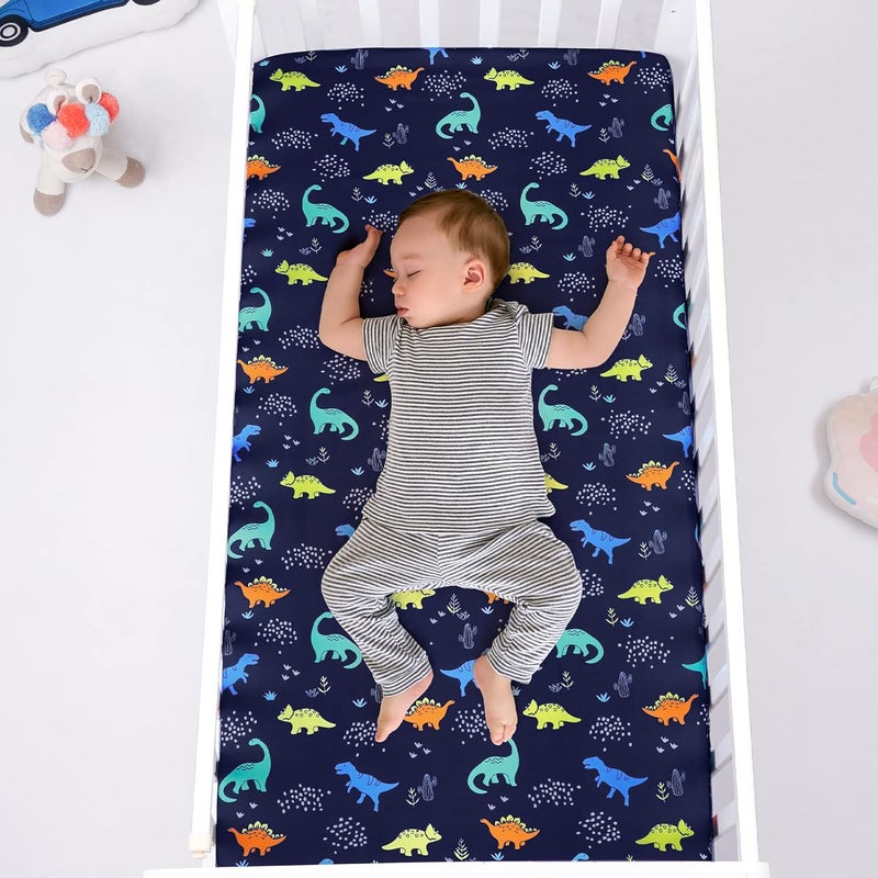 PHF 3 Pack Soft Dinosaur Crib Sheets Fitted Comfy Breathable Baby Sheets for Boys Girls 28x52 Inches Fits Standard Crib and Toddler Mattresses Navy Dinosaur - Image 4