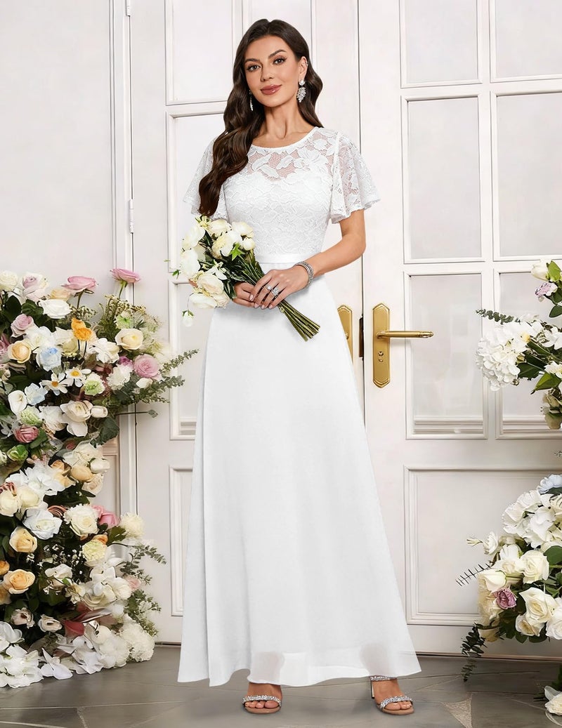 DRESSTELLS White Formal Dresses for Women, Prom Party Bridesmaid Cocktail Wedding Guest Mother of The Bride Evening Gowns Gala Homecoming Maxi Lace Chiffon Dress, 2026 Spring, White L - Image 3