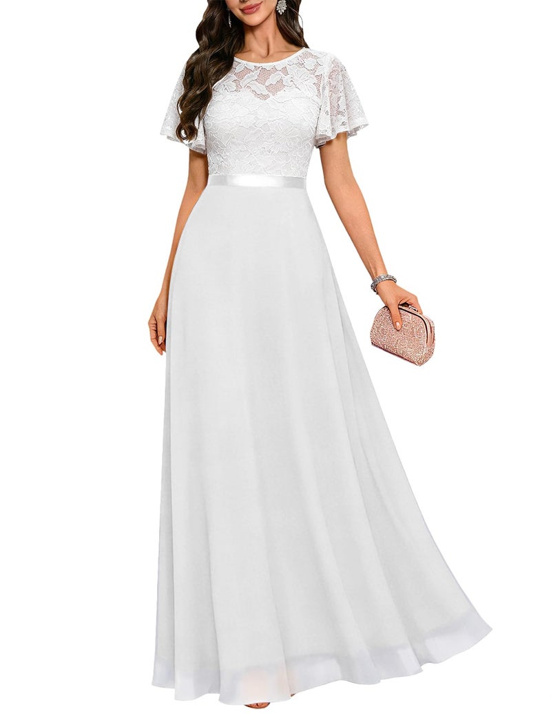 DRESSTELLS White Formal Dresses for Women, Prom Party Bridesmaid Cocktail Wedding Guest Mother of The Bride Evening Gowns Gala Homecoming Maxi Lace Chiffon Dress, 2026 Spring, White L - Image 1