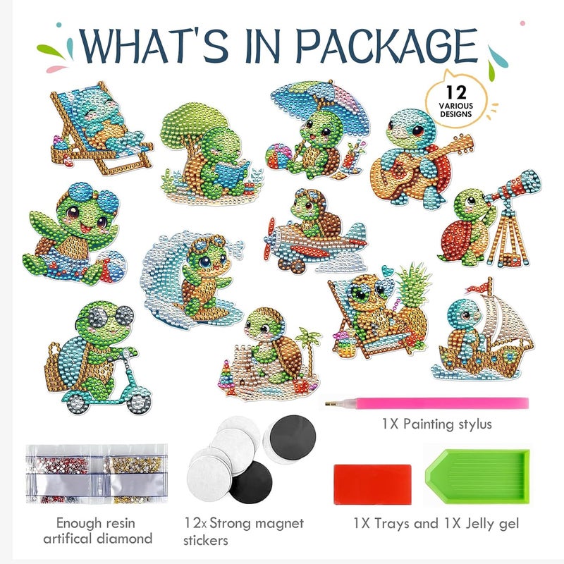 INCOK Sea Turtle Diamond Painting Magnets Refrigerator - 12 PCS DIY Diamond Art Fridge Magnets Kit Cute Animal Gem Art Crafts Set Summer Home Decors Birthday Gift for Adults Beginners - Image 4