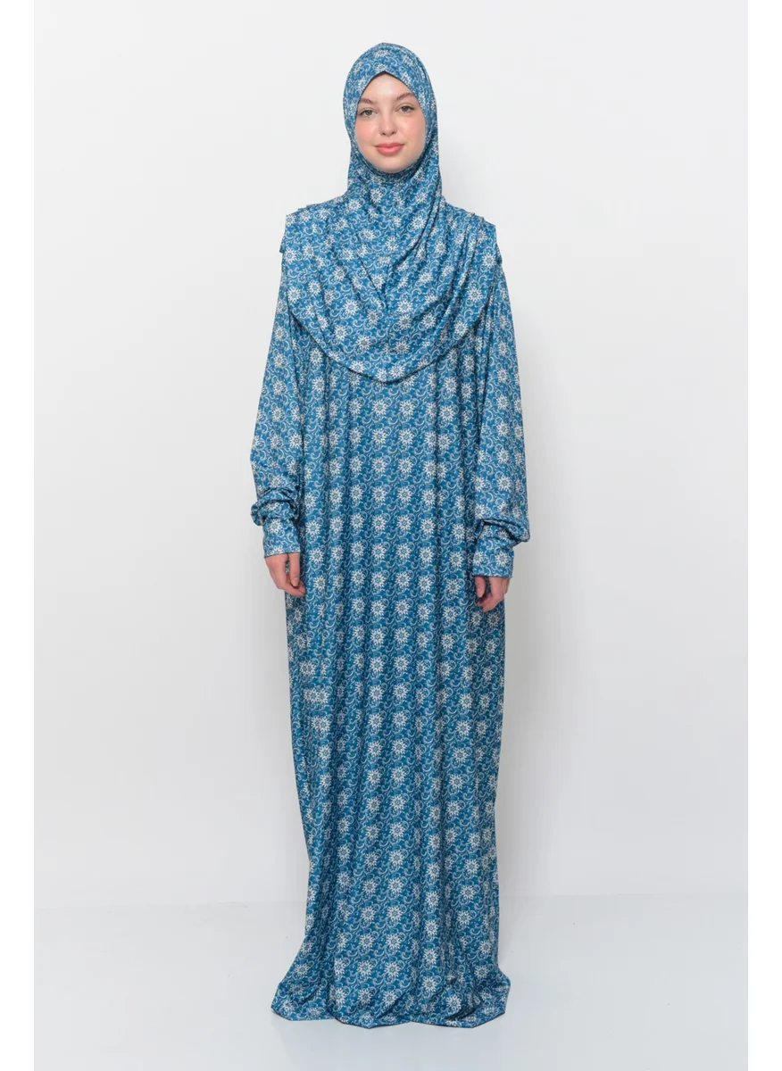 التوبة Practical One Piece Sun Patterned Sleeves Removable Lycra Hijab Prayer Dress with Headscarf 990 0316