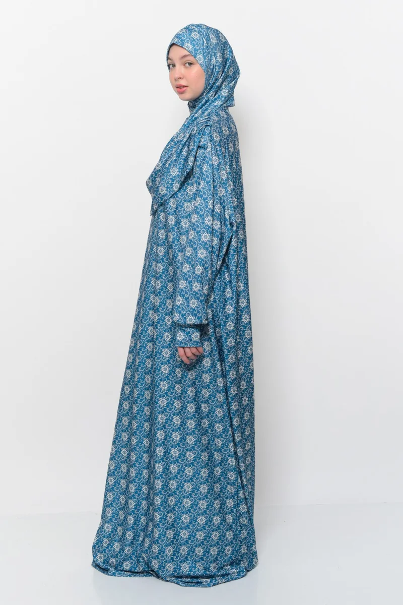 التوبة Practical One Piece Sun Patterned Sleeves Removable Lycra Hijab Prayer Dress with Headscarf 990 0316