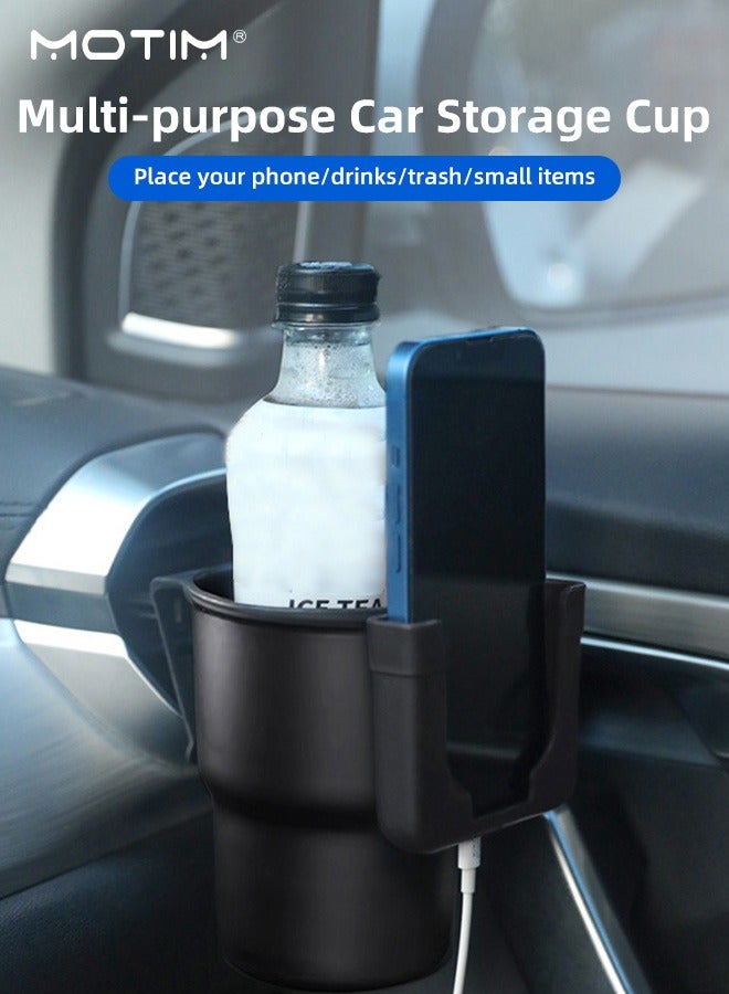 موتيم حامل هاتف 2 في 1 لحامل أكواب السيارة، رف تخزين متعدد الوظائف لزجاجات القهوة والمشروبات مع حامل هاتف، ابقَ منظمًا، مستلزمات السفر بالسيارة تناسب معظم المركبات والهواتف - Image 2