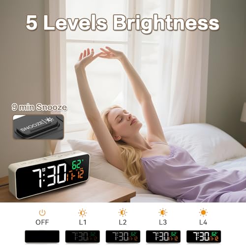 Netzu 3-in-1 Small Digital Clocks for Living Room with Temperature, Date & Time Display - 4 Levels Birghtness, 3 Volumes, Compact Plug-in Alarm Clock for Bedroom, Office (White) - Image 5