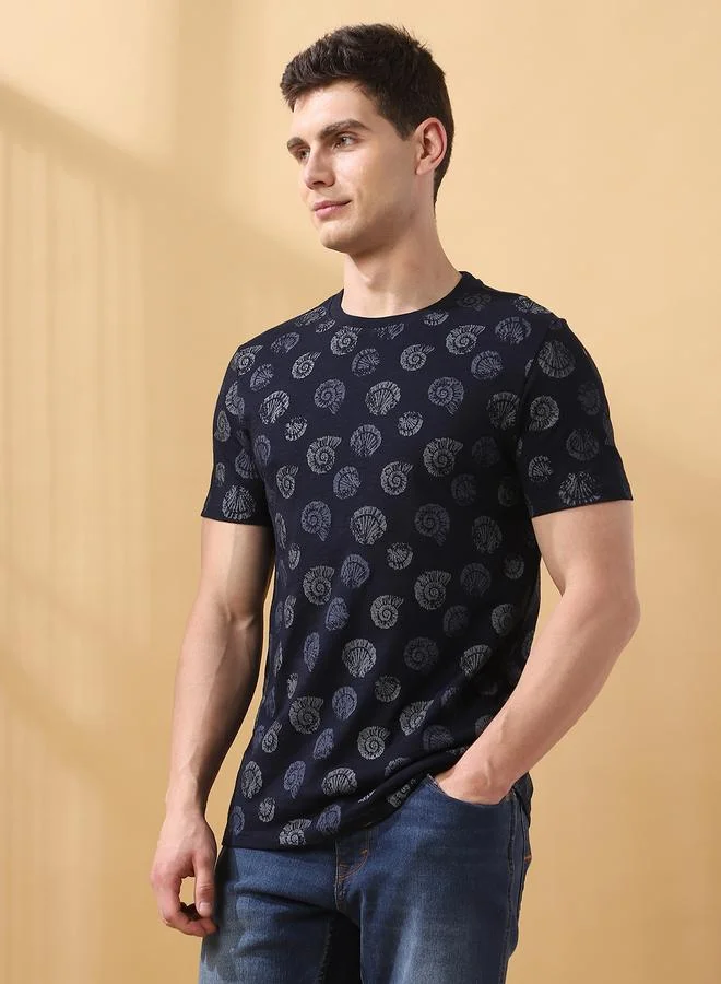 Dennis Lingo Men's Navy 100% Cotton Printed Regular Fit T-Shirt
