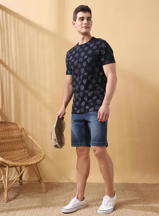 Dennis Lingo Men's Navy 100% Cotton Printed Regular Fit T-Shirt