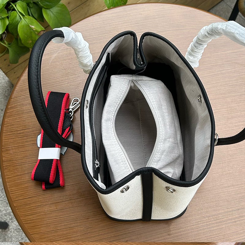 Large Capacity Tote Women'S Bag Garden Bag All-Match Canvas Patchwork Genuine Leather One-Shoulder Crossbody Portable Shopping Bag Bucket Bag - Image 5