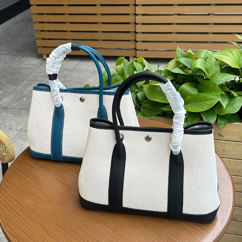 Large Capacity Tote Women'S Bag Garden Bag All-Match Canvas Patchwork Genuine Leather One-Shoulder Crossbody Portable Shopping Bag Bucket Bag - Image 2