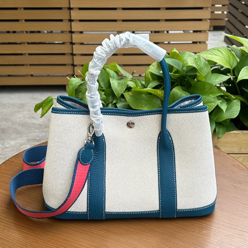Large Capacity Tote Women'S Bag Garden Bag All-Match Canvas Patchwork Genuine Leather One-Shoulder Crossbody Portable Shopping Bag Bucket Bag - Image 3