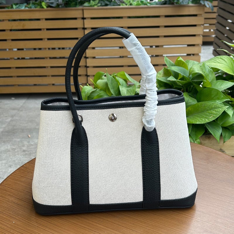 Large Capacity Tote Women'S Bag Garden Bag All-Match Canvas Patchwork Genuine Leather One-Shoulder Crossbody Portable Shopping Bag Bucket Bag - Image 4