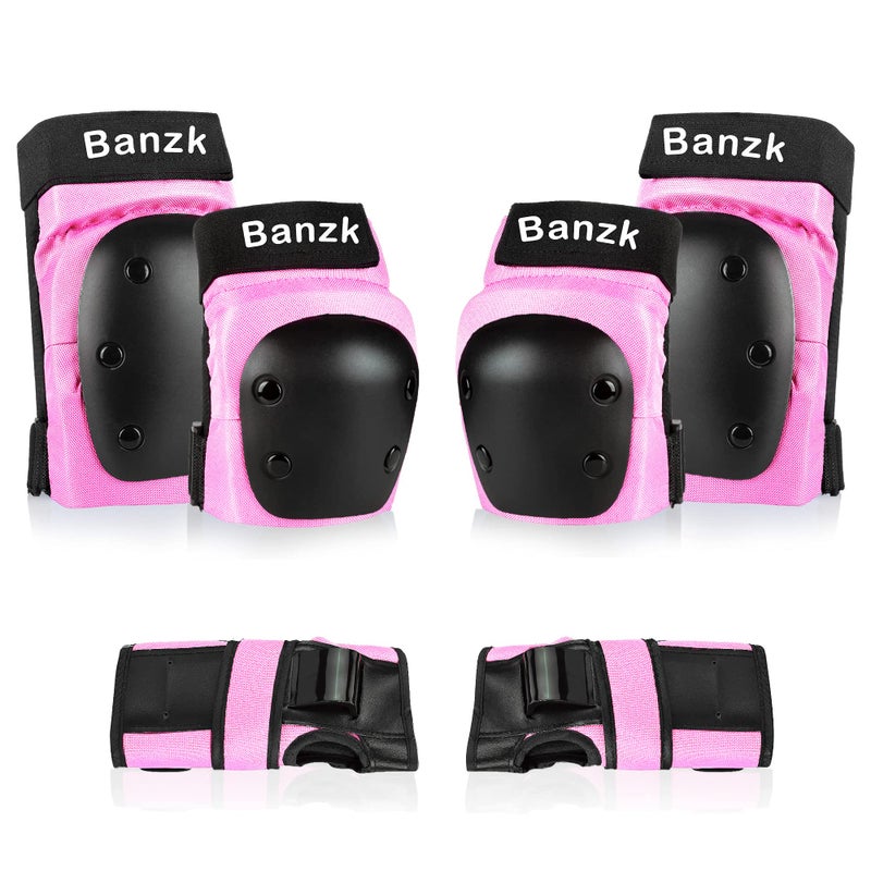 Banzk Adult/Child Knee Pads Elbow Pads Wrist Guards 3 in 1 Protective Gear Set for Skateboarding Inline Roller Biking Roller Skating Cycling Outdoor Sports Pink L - Image 1