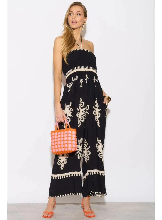 Hoxton Gal Black Printed Jumpsuit – Strapless Tie‑Neck, Shirred Bodice & Wide Legs
