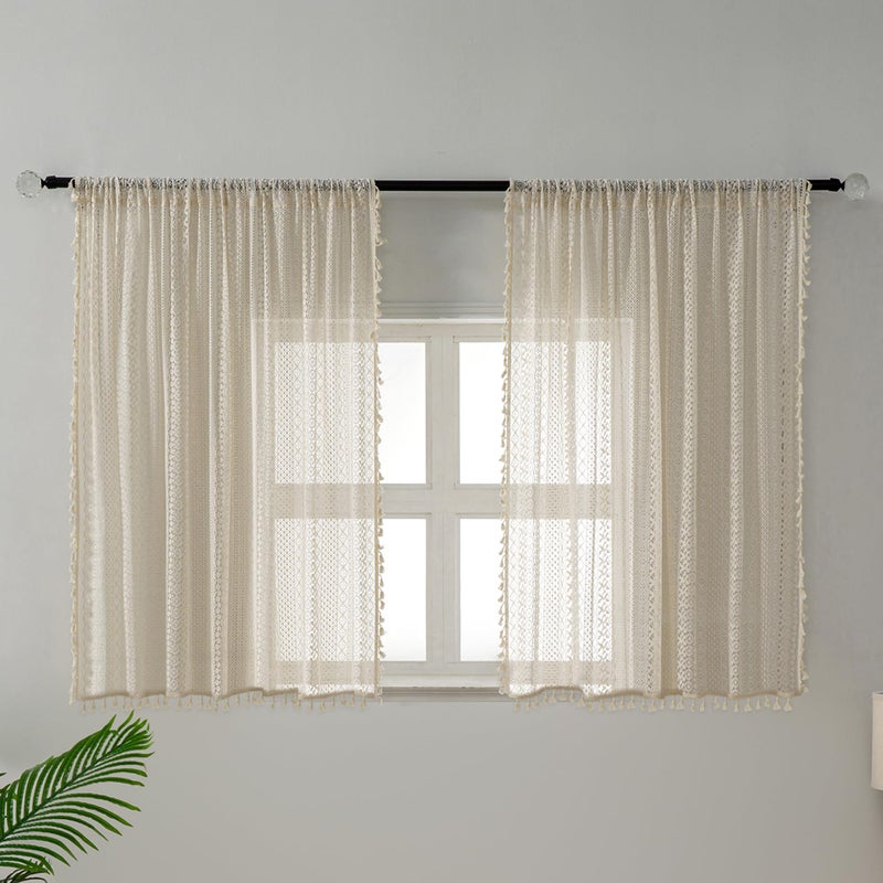 WAZZIO 54 Inch Boho Sheer Curtains - Beige Vintage Lace with Tassel Trim, Rod Pocket Privacy Non See Through Farmhouse Curtains (Set of 2,W59 xL54) - Image 3