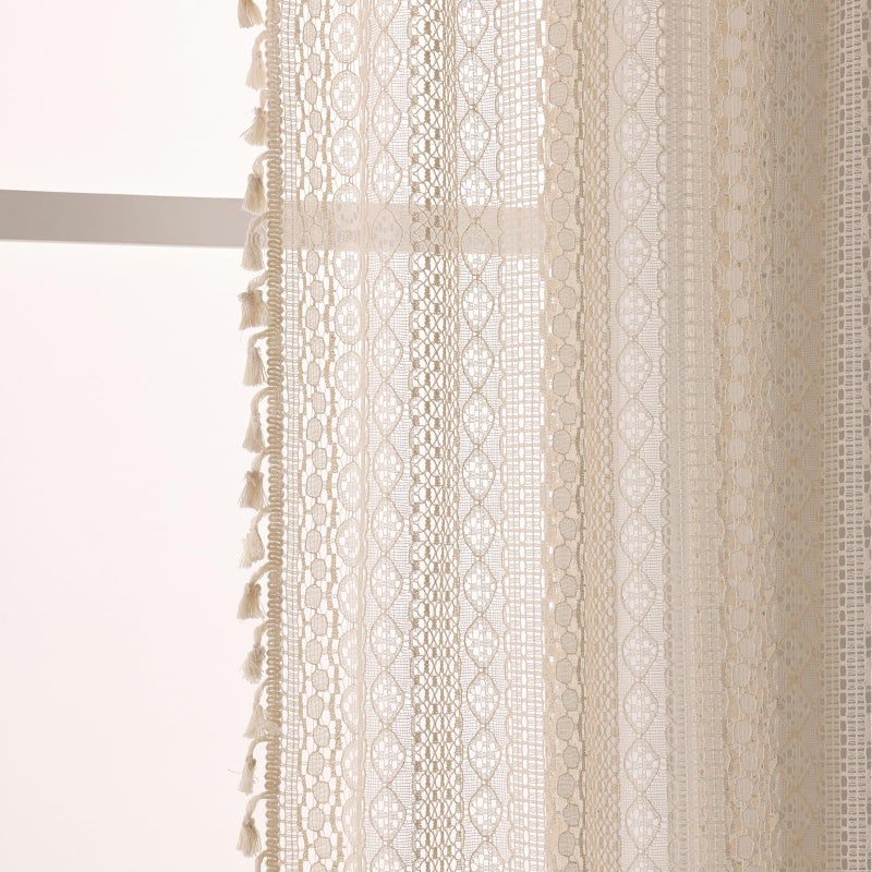WAZZIO 54 Inch Boho Sheer Curtains - Beige Vintage Lace with Tassel Trim, Rod Pocket Privacy Non See Through Farmhouse Curtains (Set of 2,W59 xL54) - Image 5