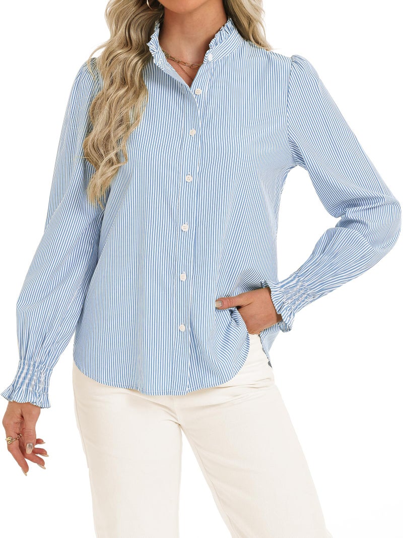 Funlingo Button Down Shirts for Women Striped Long Sleeve Smocked Cuffed Blouses Casual Oversized Ruffle Collared Tops Spring Work Clothes Blue White S - Image 1