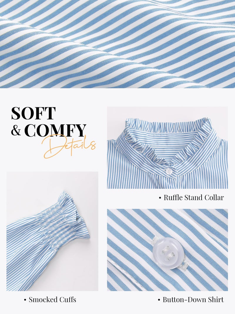 Funlingo Button Down Shirts for Women Striped Long Sleeve Smocked Cuffed Blouses Casual Oversized Ruffle Collared Tops Spring Work Clothes Blue White S - Image 5