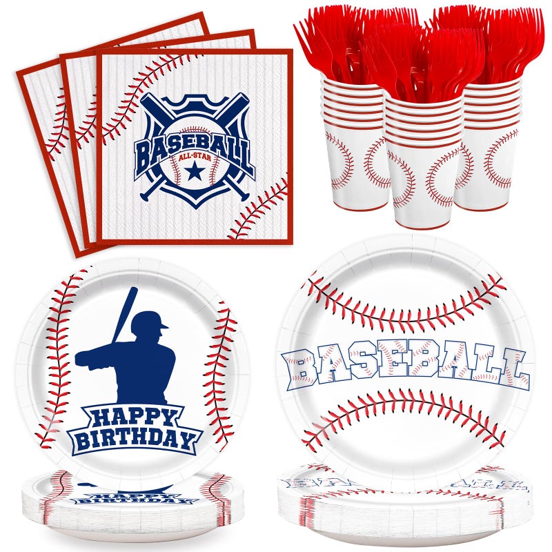Oigco 120pcs Baseball Party Supplies Birthday Plates Napkins Cups Red Forks Sports Birthday Party Decorations Paper Dessert Tableware Set for 24 Guests - Image 3