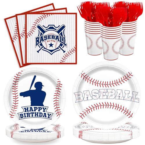 Oigco 120pcs Baseball Party Supplies Birthday Plates Napkins Cups Red Forks Sports Birthday Party Decorations Paper Dessert Tableware Set for 24 Guests - Image 1