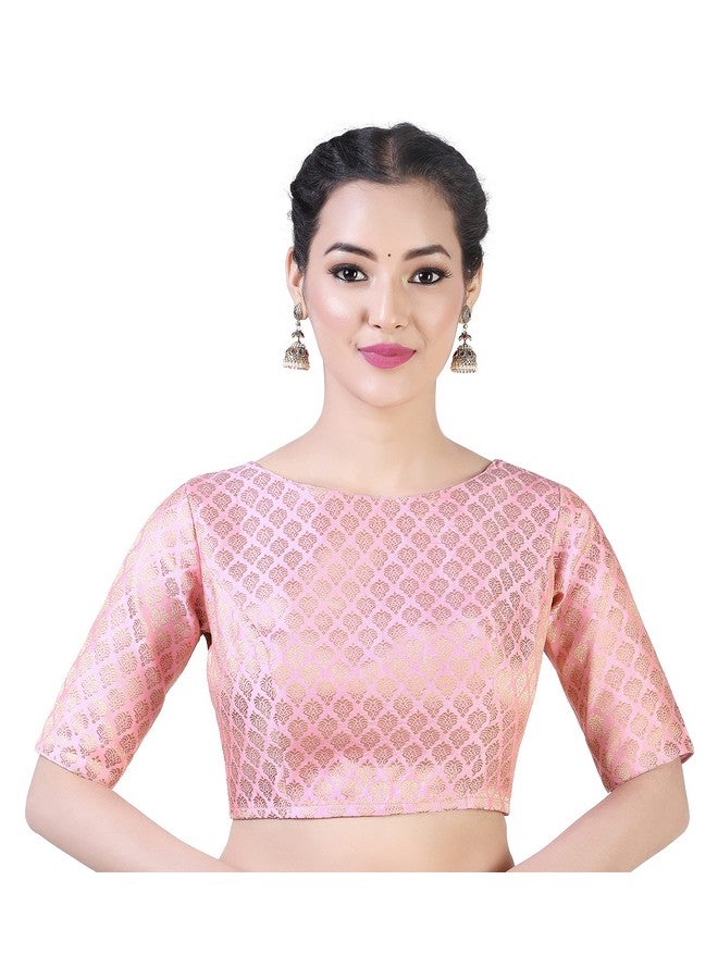 Studio Shringaar Women's Readymade Pastel Brocade Elbow Length Sleeves Saree Blouse (Pink, 44) - Image 1