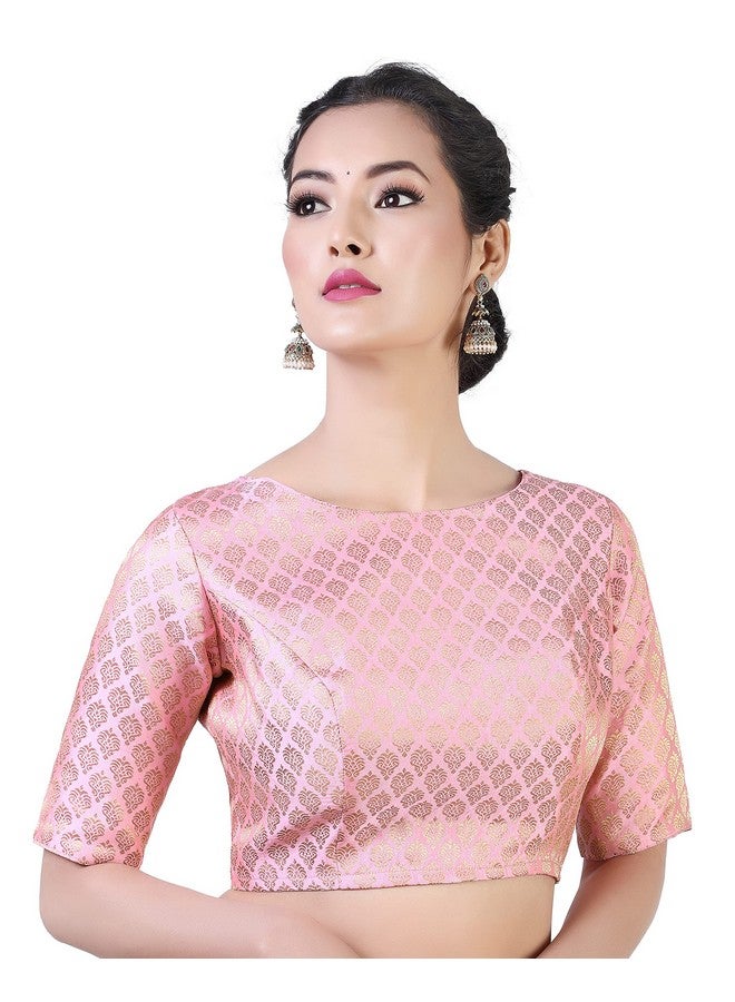 Studio Shringaar Women's Readymade Pastel Brocade Elbow Length Sleeves Saree Blouse (Pink, 44) - Image 3