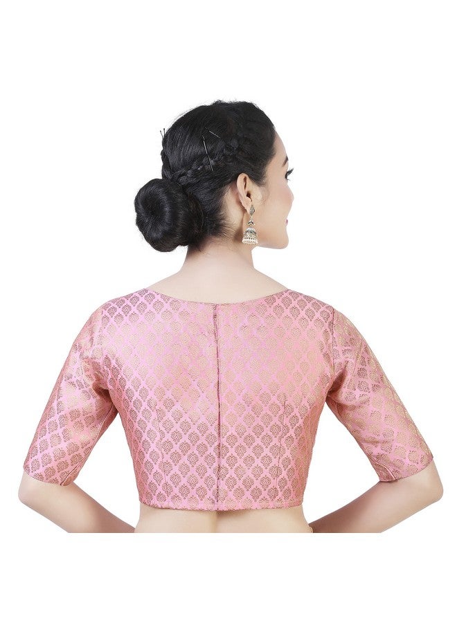 Studio Shringaar Women's Readymade Pastel Brocade Elbow Length Sleeves Saree Blouse (Pink, 44) - Image 4