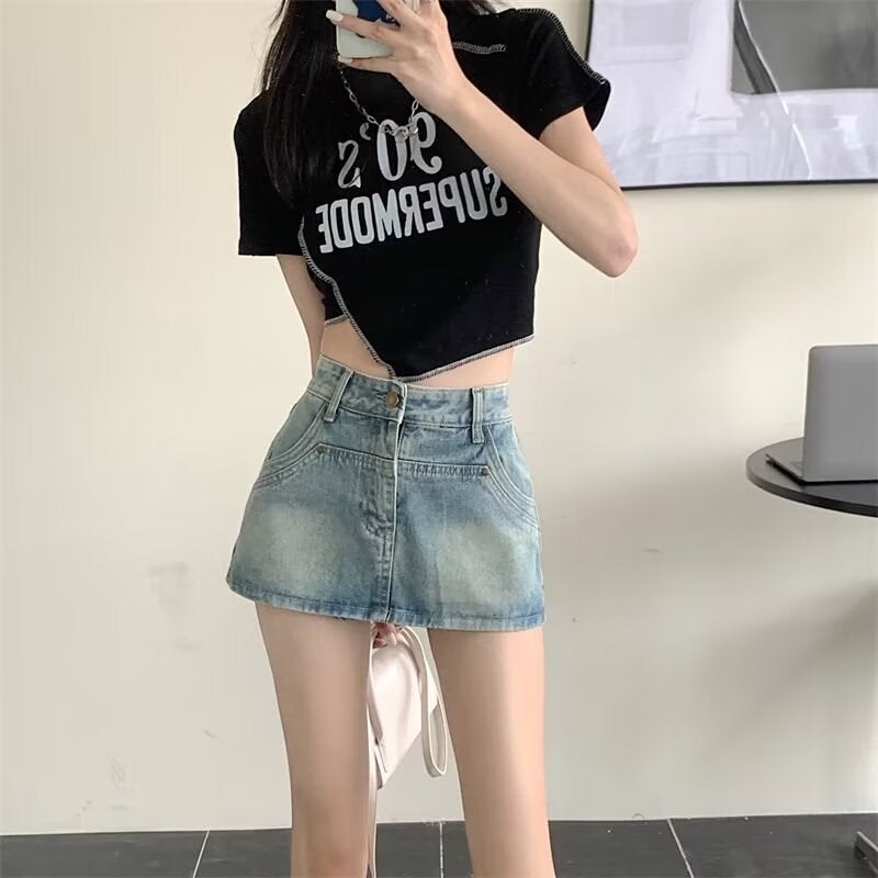 American Spice Girl Retro High Waist Denim Skirt Women'S 2024 Plus Size Fat Sister Hip Covering Short Skirt Pants - Image 4