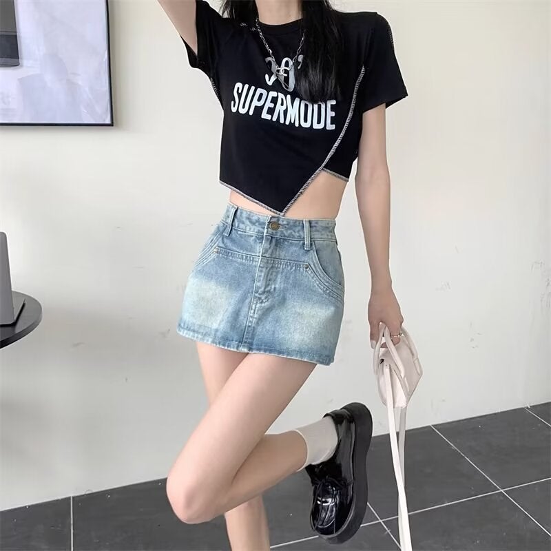 American Spice Girl Retro High Waist Denim Skirt Women'S 2024 Plus Size Fat Sister Hip Covering Short Skirt Pants - Image 5