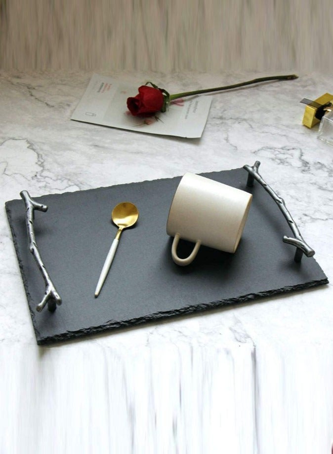 1Chase Natural Stone Slate Serving Tray With Arborization Handle ,30x20CM - Image 2