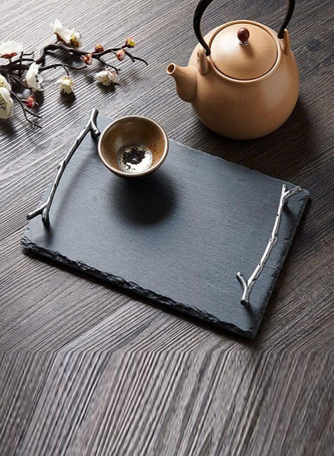 1Chase Natural Stone Slate Serving Tray With Arborization Handle ,30x20CM - Image 1