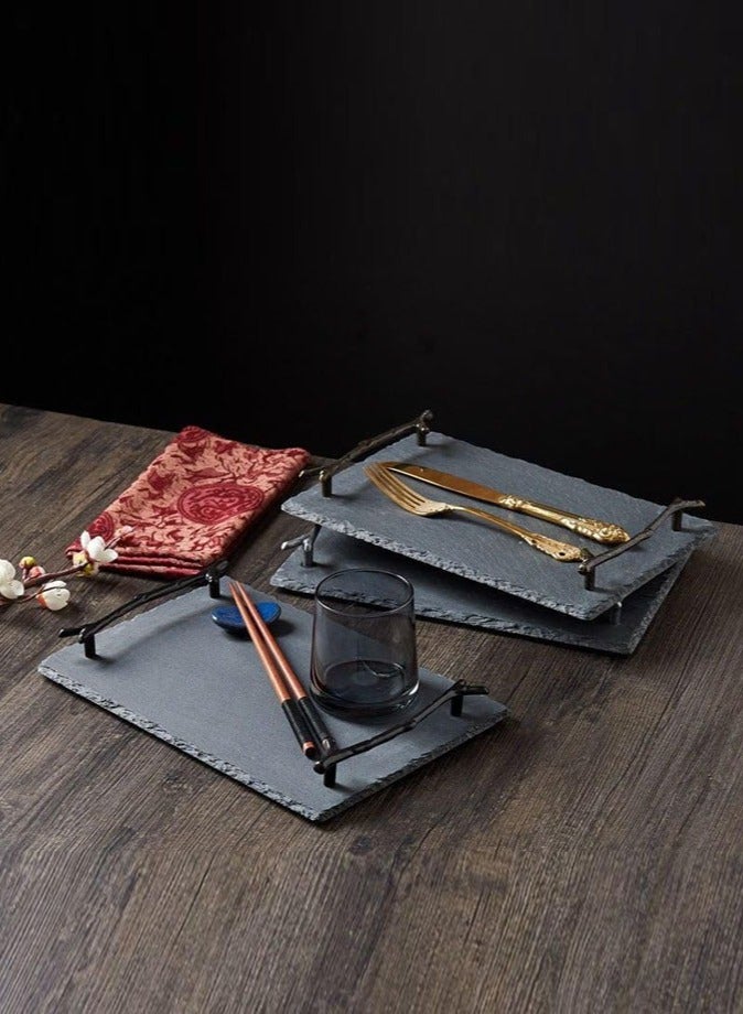 1Chase Natural Stone Slate Serving Tray With Arborization Handle ,30x20CM - Image 4